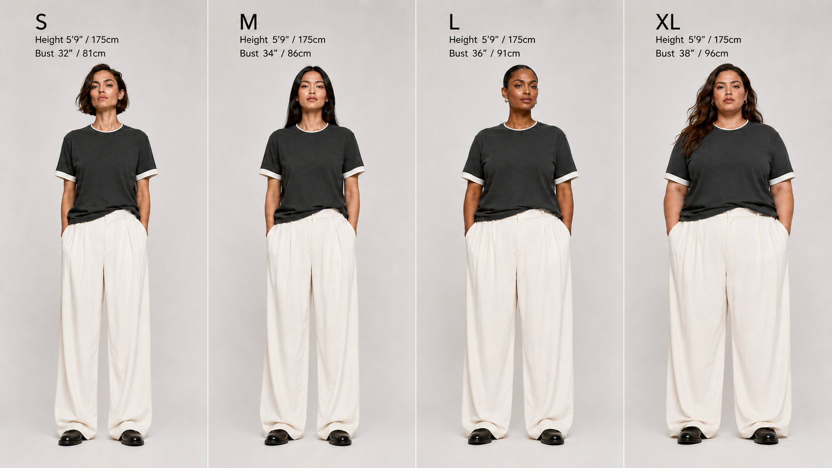 Cleo Contrast Tee shown across sizes S, M, L and XL